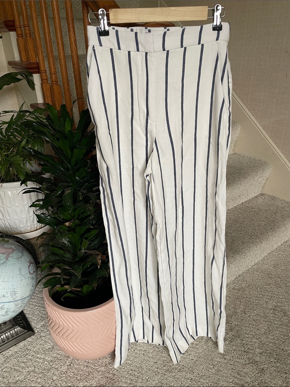 H&M Coastal Wide Leg White Summer Pants with Navy Stripes 4